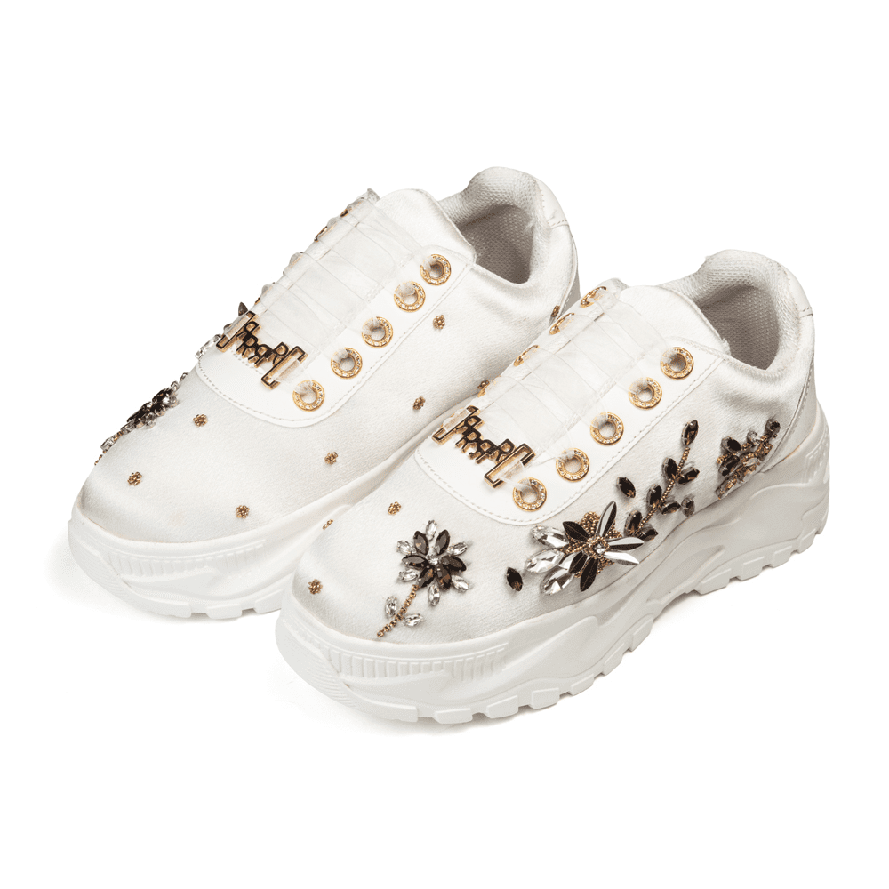 The Gabriella Luxury Cream Satin Embellished Trainer