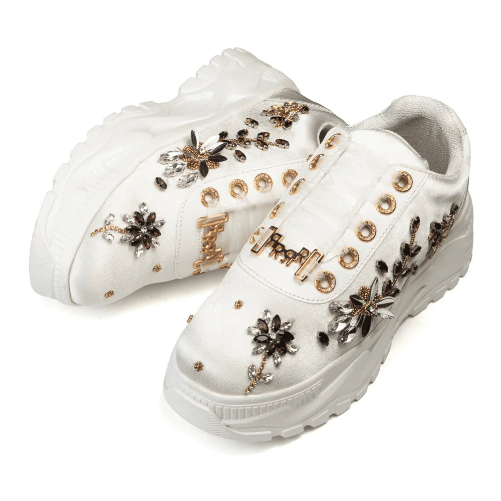 The Gabriella Luxury Cream Satin Embellished Trainer