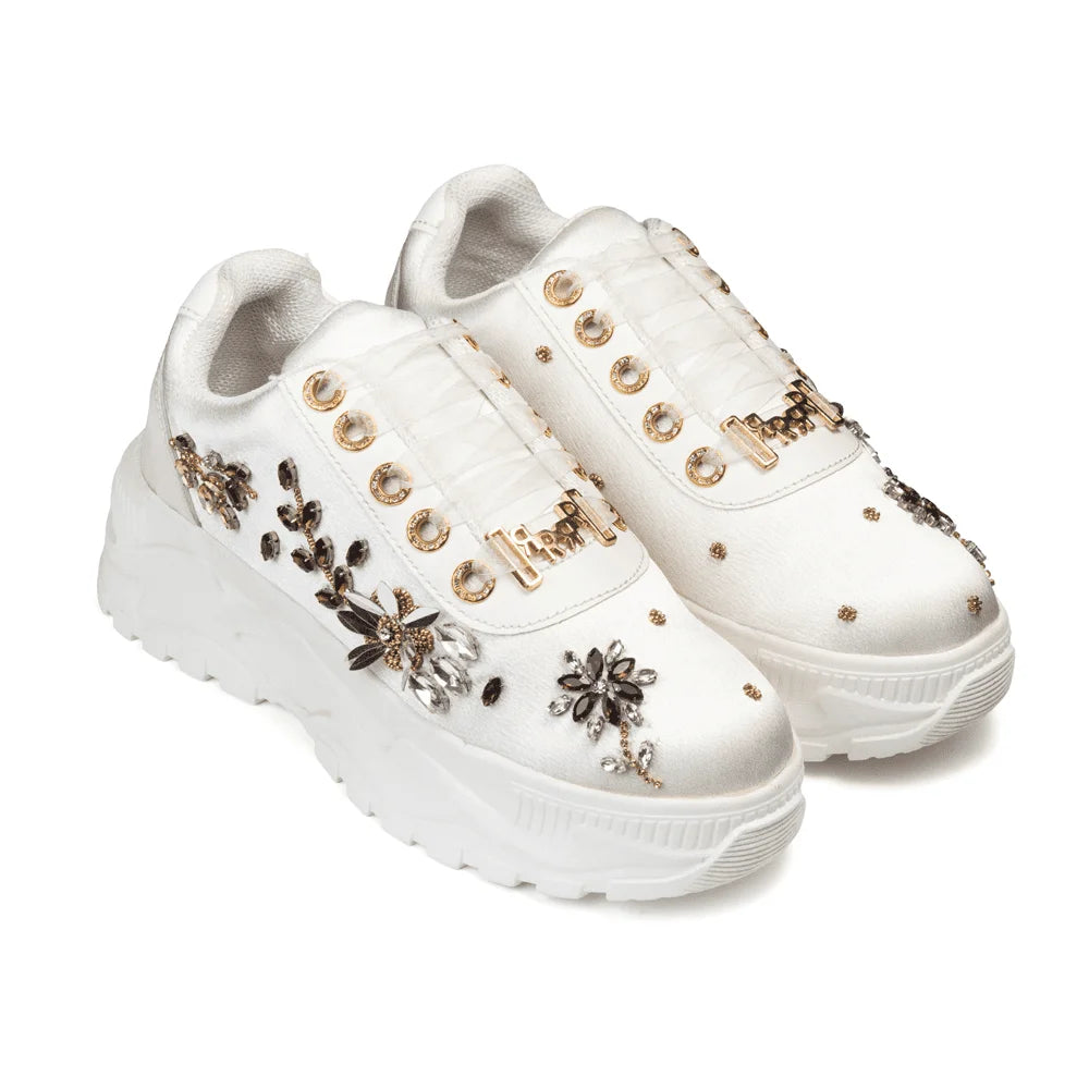 The Gabriella Luxury Cream Satin Embellished Trainer