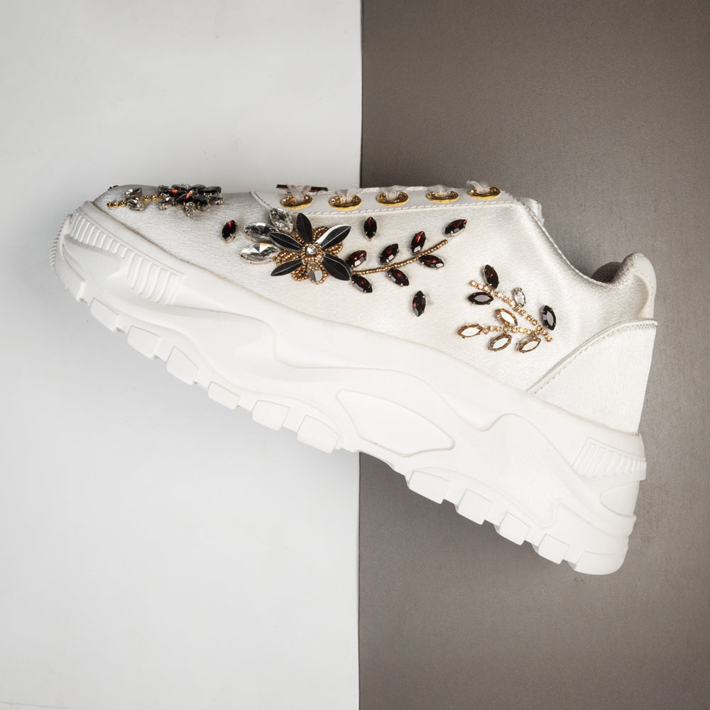 The Gabriella Luxury Cream Satin Embellished Trainer