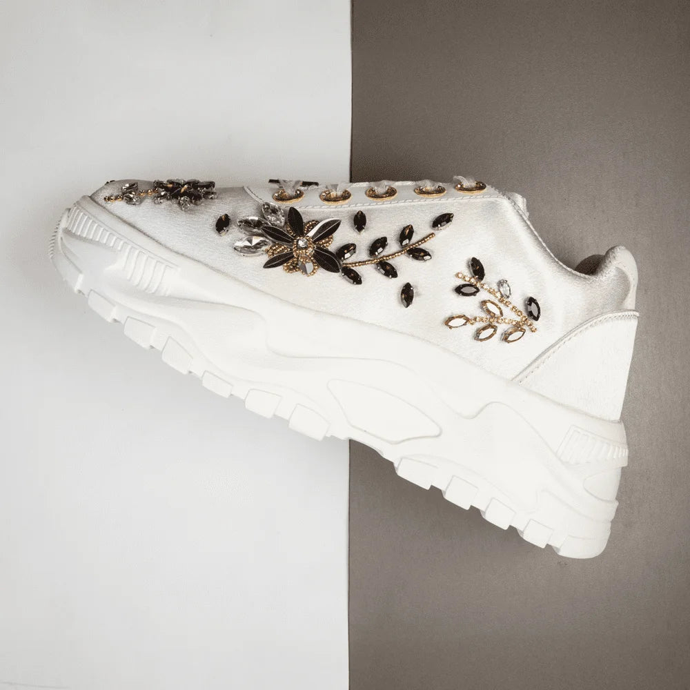 The Gabriella Luxury Cream Satin Embellished Trainer