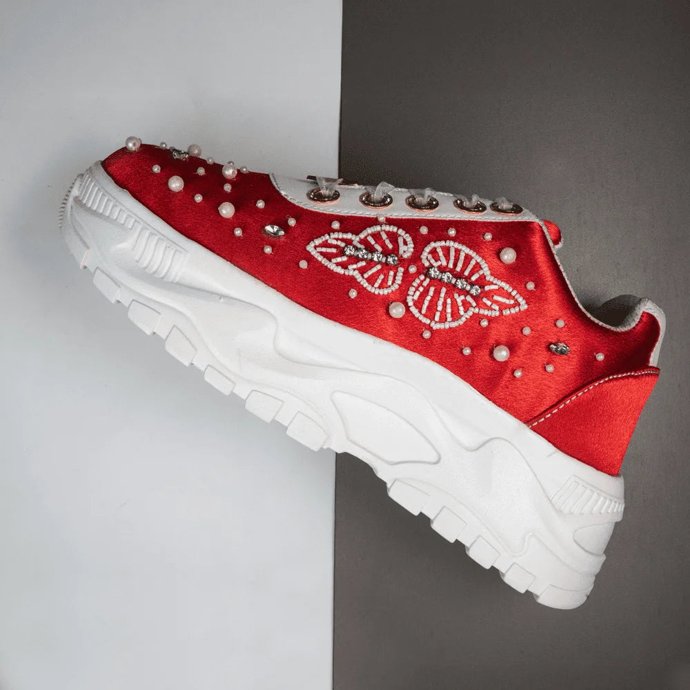 The Julianna Luxury Red Satin Embellished Trainer