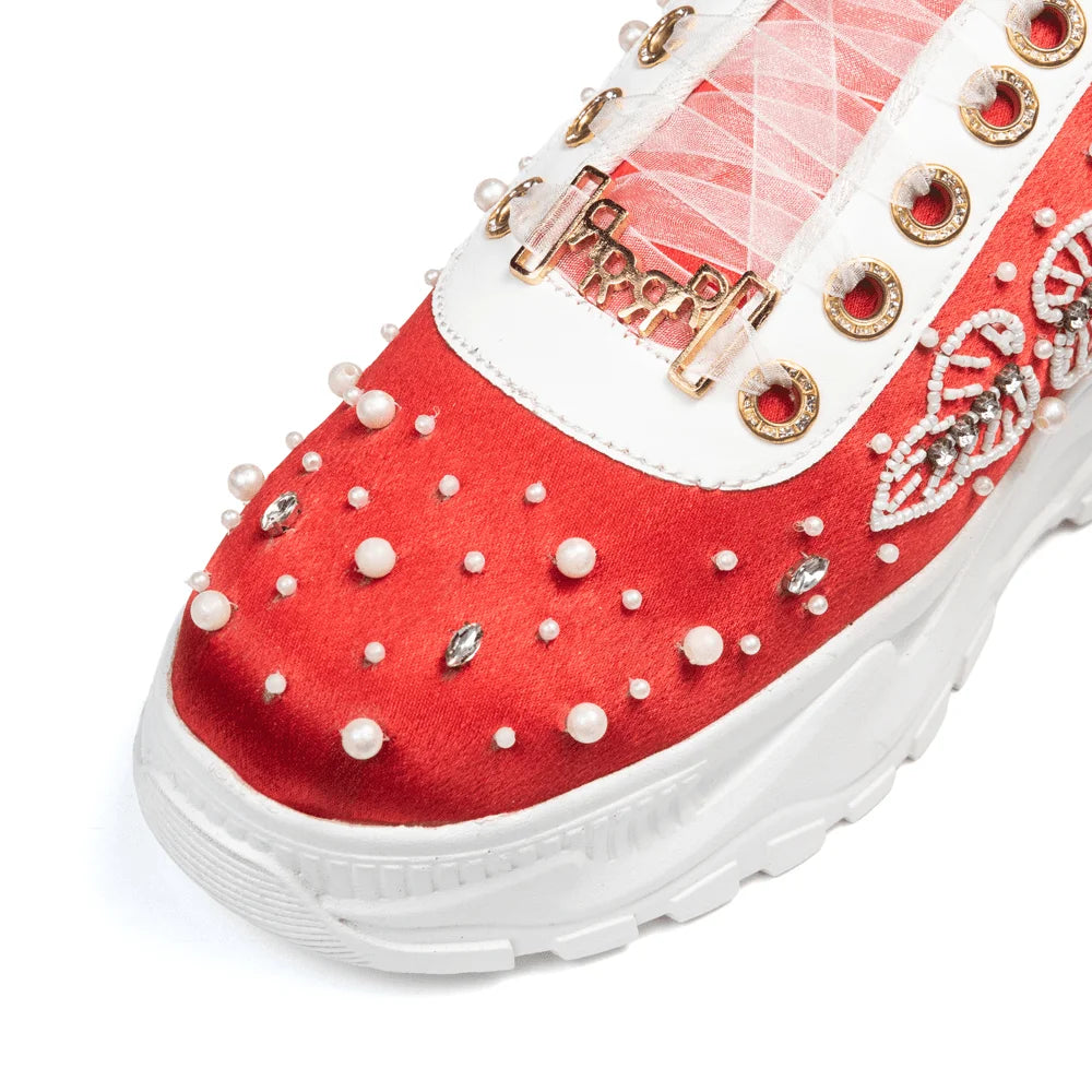 The Julianna Luxury Red Satin Embellished Trainer
