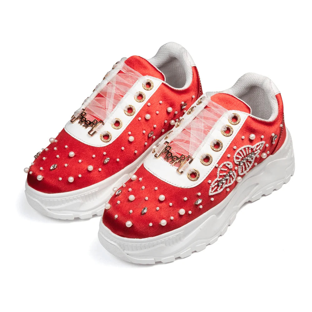 The Julianna Luxury Red Satin Embellished Trainer
