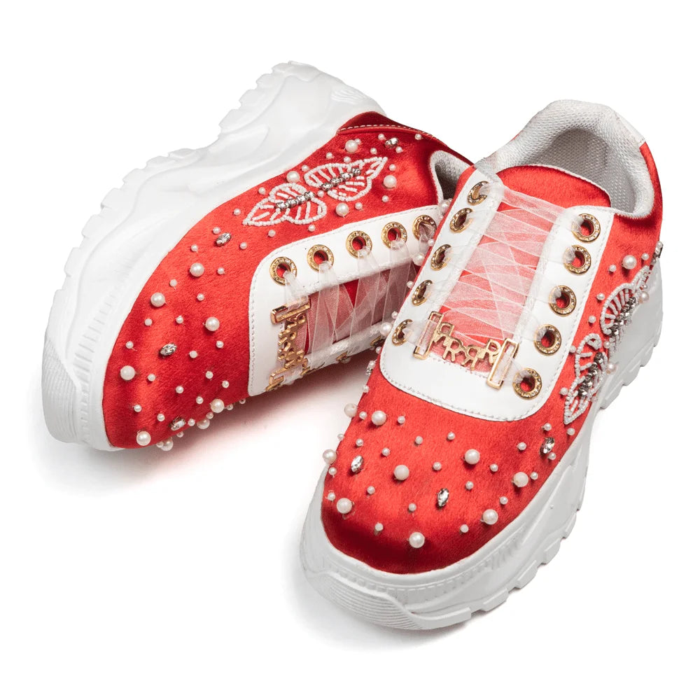 The Julianna Luxury Red Satin Embellished Trainer