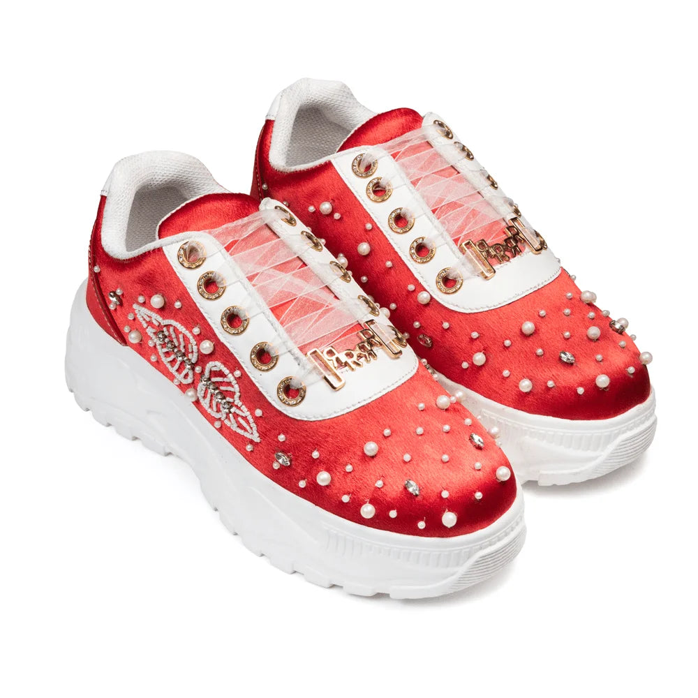 The Julianna Luxury Red Satin Embellished Trainer