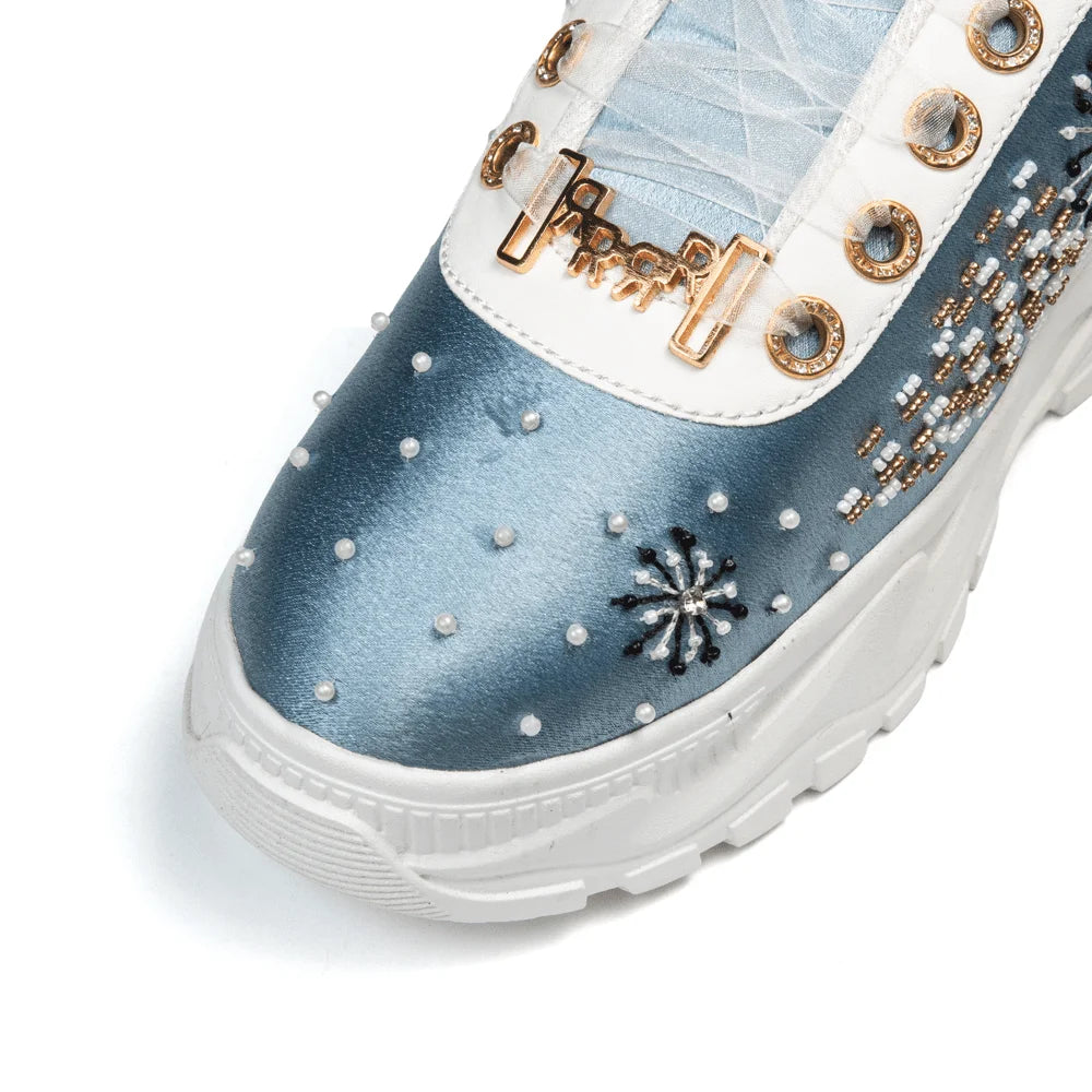 The Lauren Luxury Dusky Blue Satin Embellished Trainer