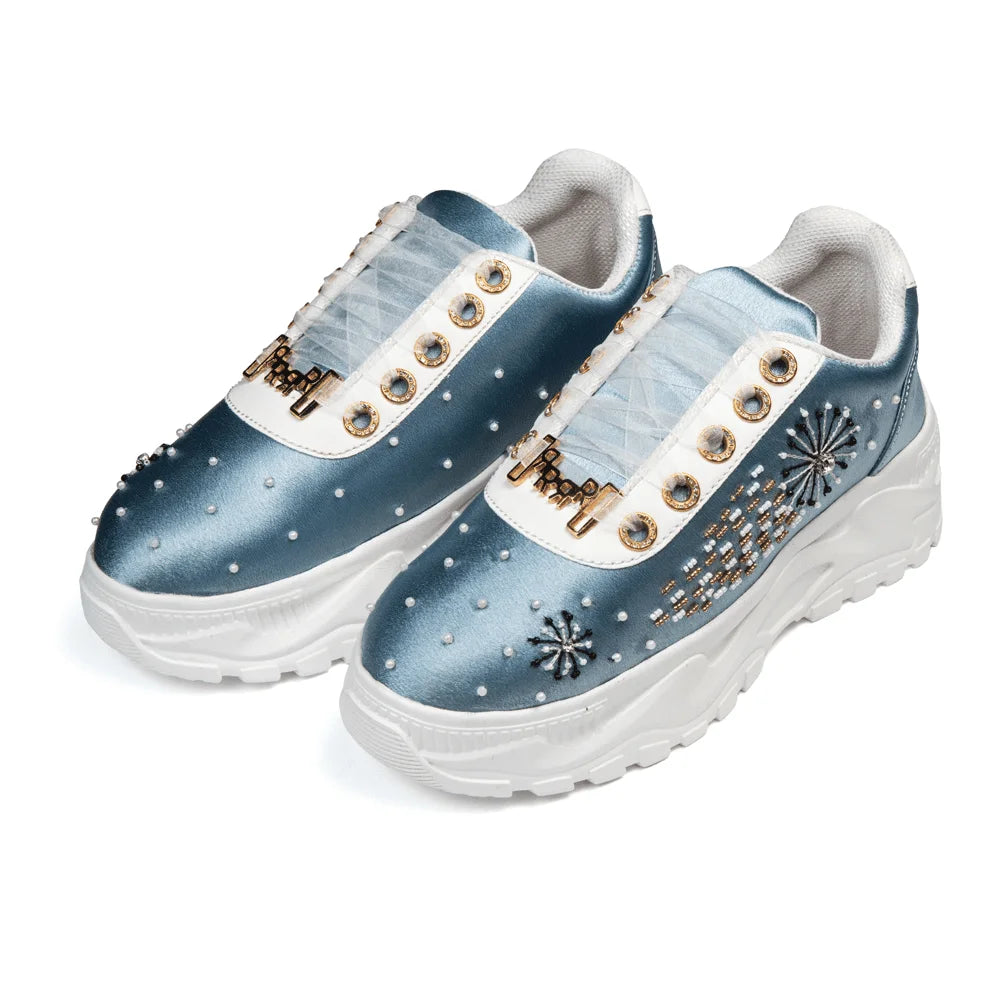 The Lauren Luxury Dusky Blue Satin Embellished Trainer