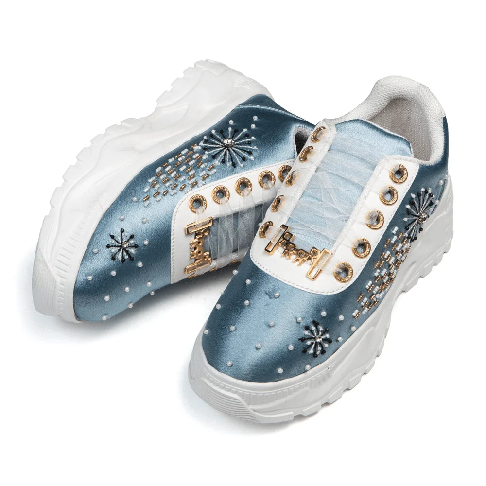 The Lauren Luxury Dusky Blue Satin Embellished Trainer