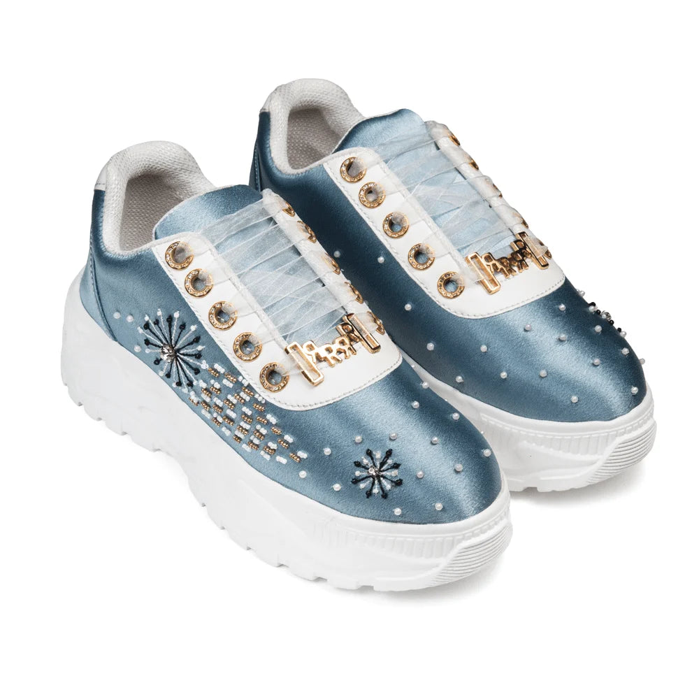 The Lauren Luxury Dusky Blue Satin Embellished Trainer