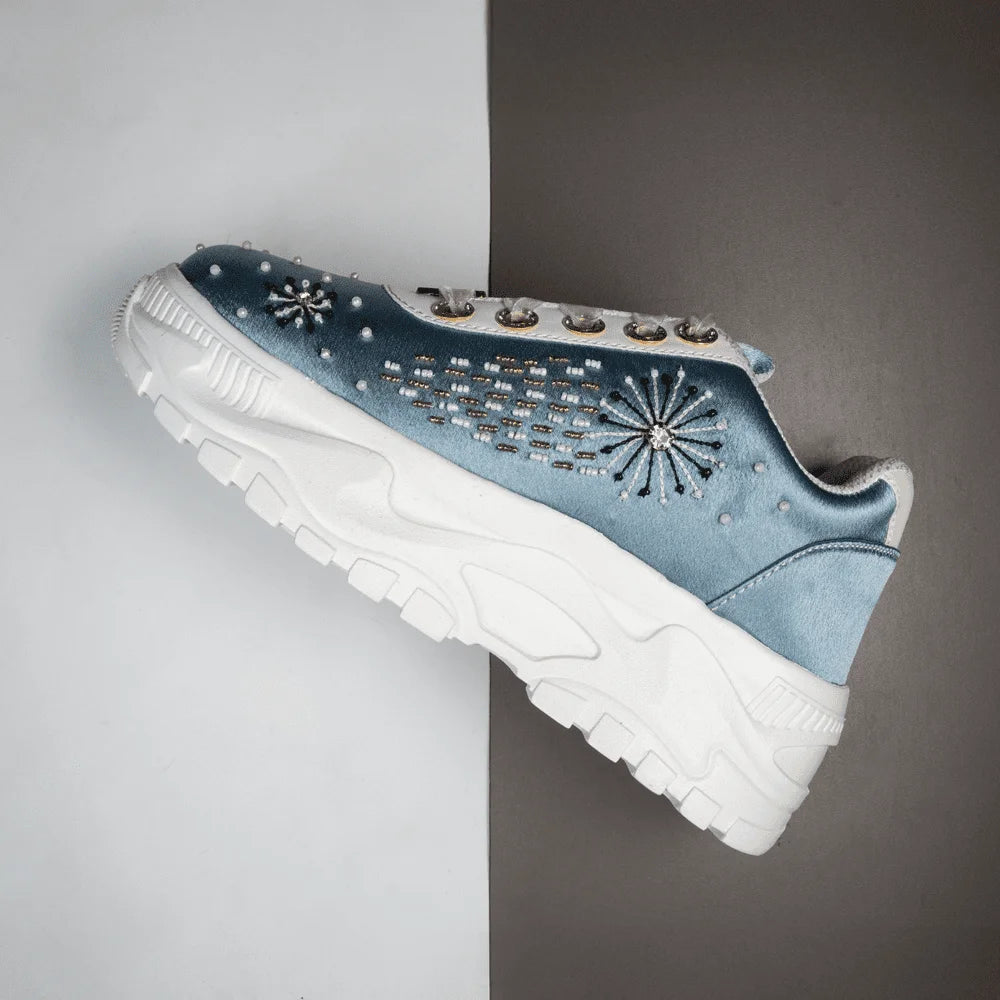 The Lauren Luxury Dusky Blue Satin Embellished Trainer