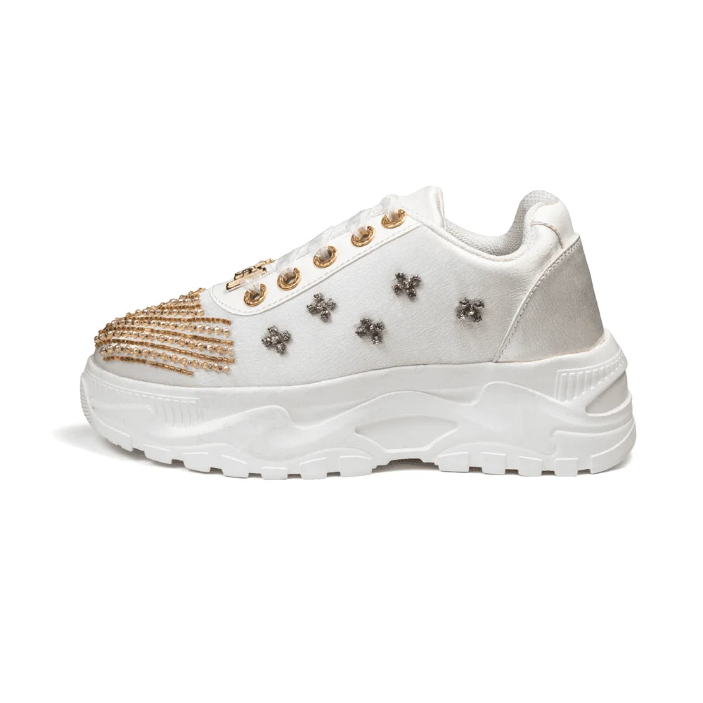 The Jayla Luxury Cream Satin Embellished Trainer