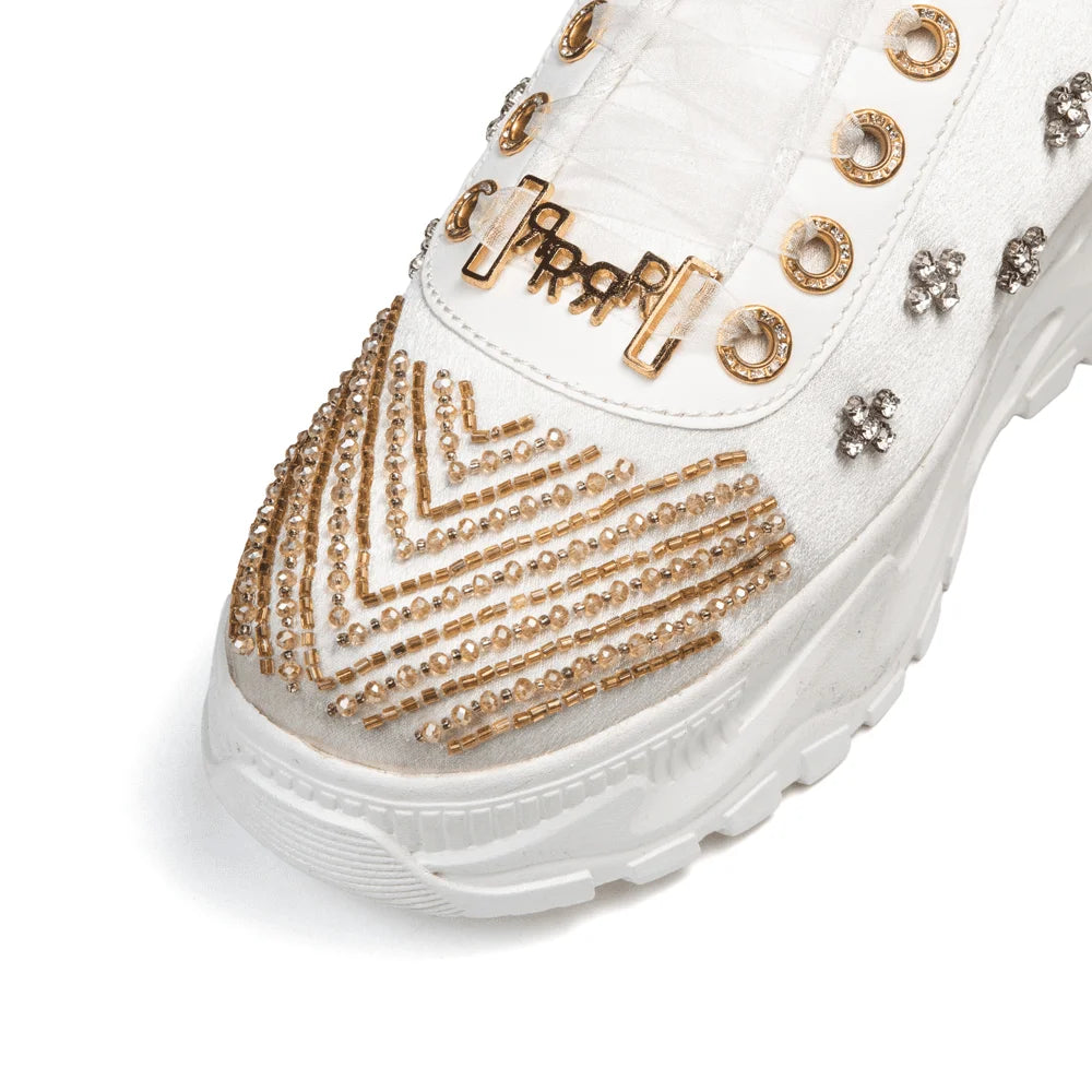 The Jayla Luxury Cream Satin Embellished Trainer