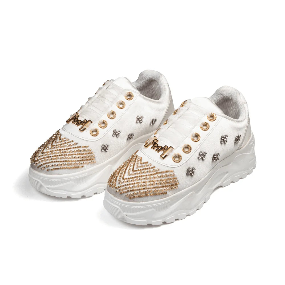 The Jayla Luxury Cream Satin Embellished Trainer