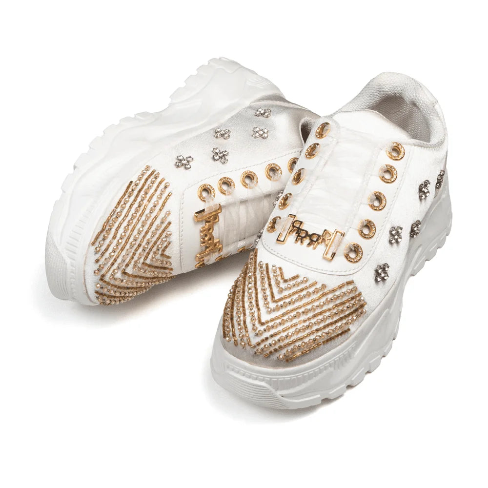 The Jayla Luxury Cream Satin Embellished Trainer