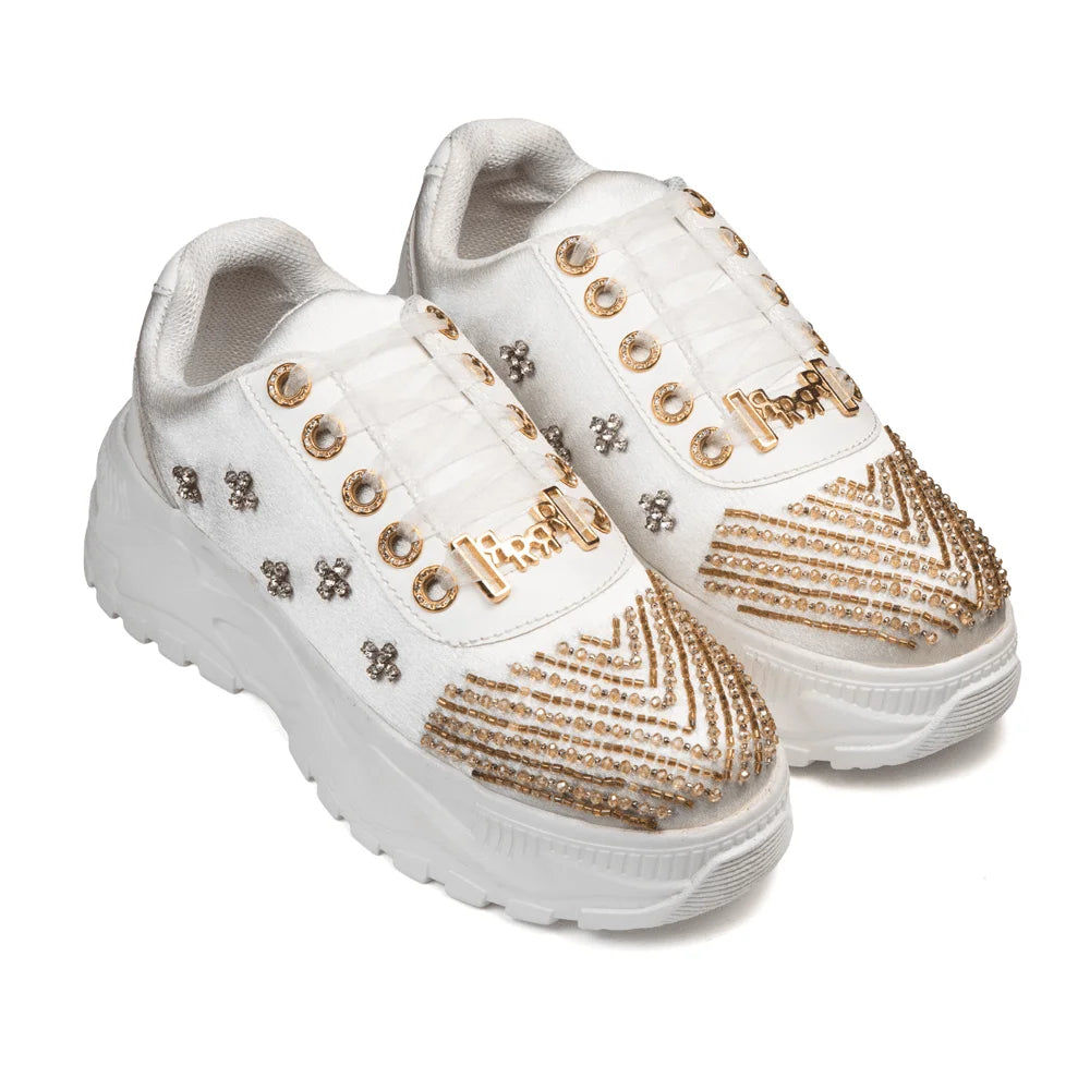 The Jayla Luxury Cream Satin Embellished Trainer