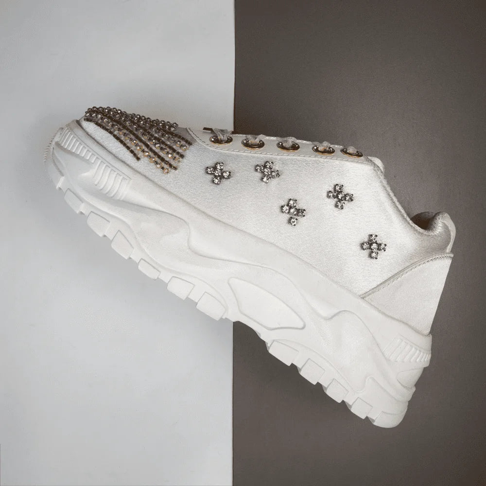 The Jayla Luxury Cream Satin Embellished Trainer