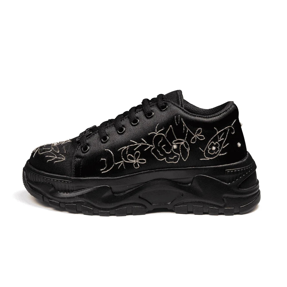 The Madelin Luxury Black Satin Embellished Trainer