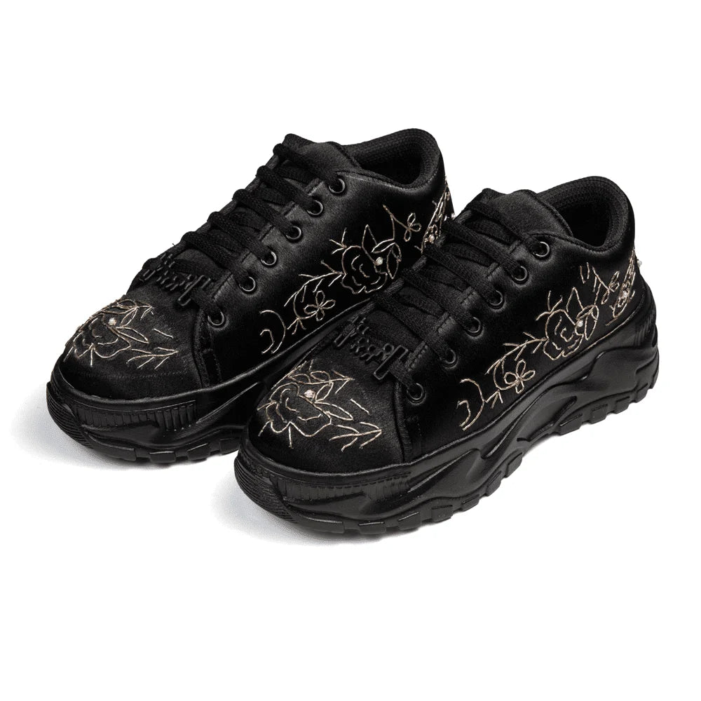 The Madelin Luxury Black Satin Embellished Trainer