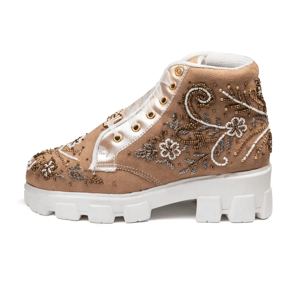 The Nayeli Luxury Tan Satin Embellished Trainer
