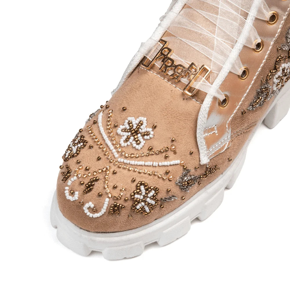 The Nayeli Luxury Tan Satin Embellished Trainer