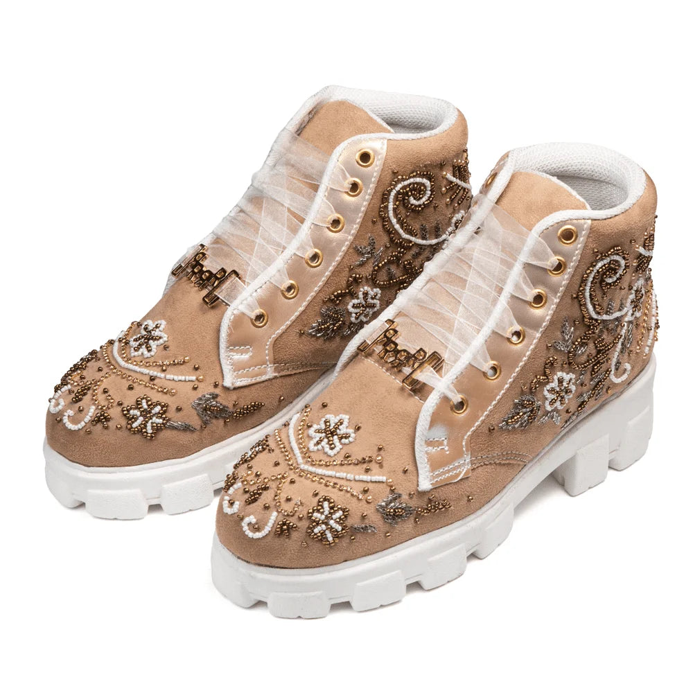 The Nayeli Luxury Tan Satin Embellished Trainer