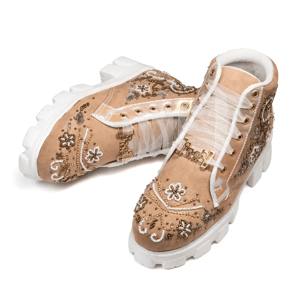 The Nayeli Luxury Tan Satin Embellished Trainer