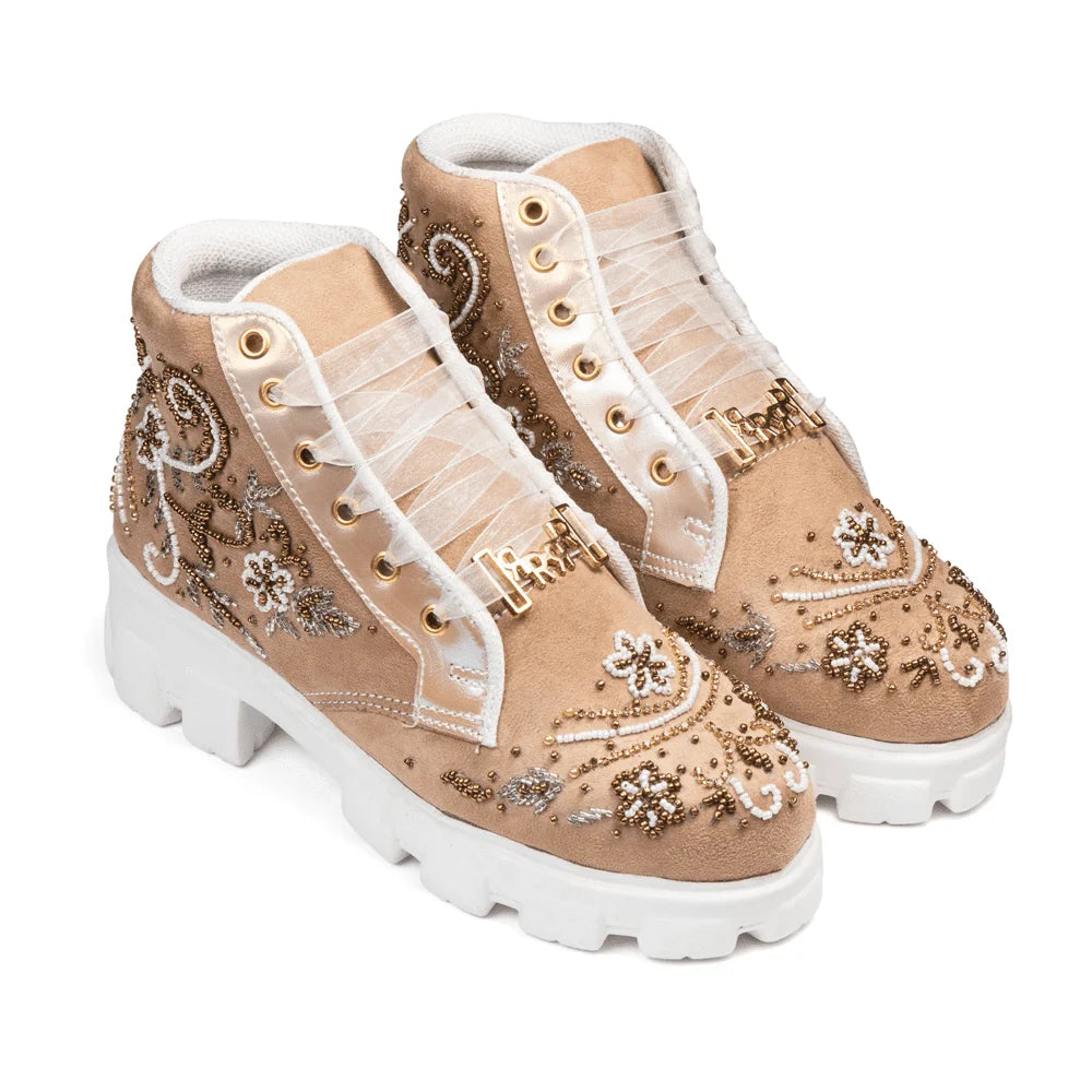 The Nayeli Luxury Tan Satin Embellished Trainer