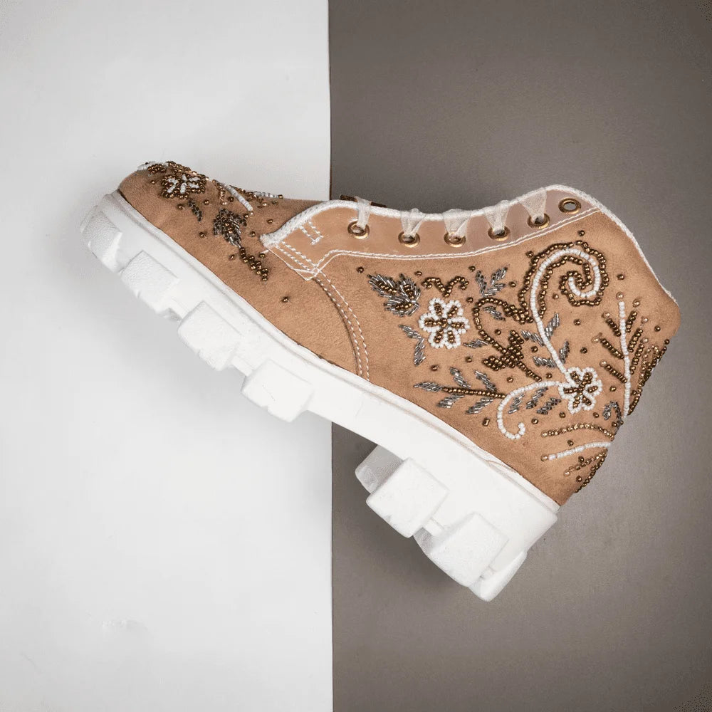 The Nayeli Luxury Tan Satin Embellished Trainer