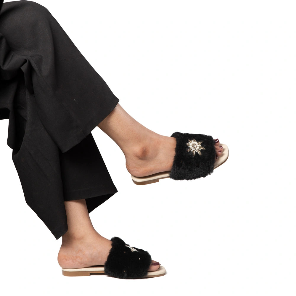 The Luxe Midnight Star Black Fur Embellished Flats