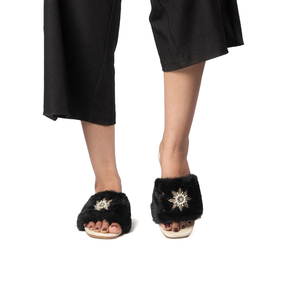 The Luxe Midnight Star Black Fur Embellished Flats