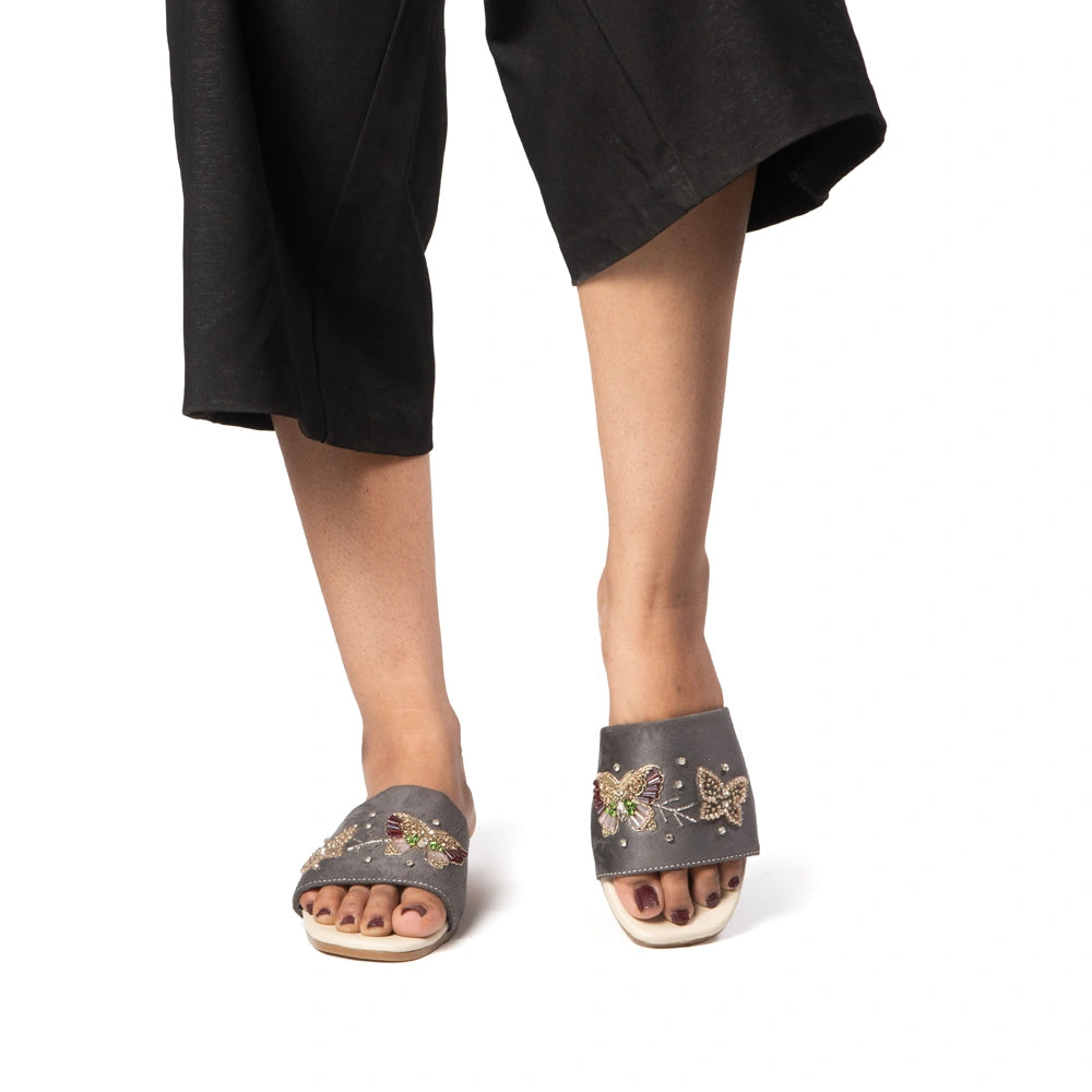 The Starlit Butterfly Grey Embellished Flats