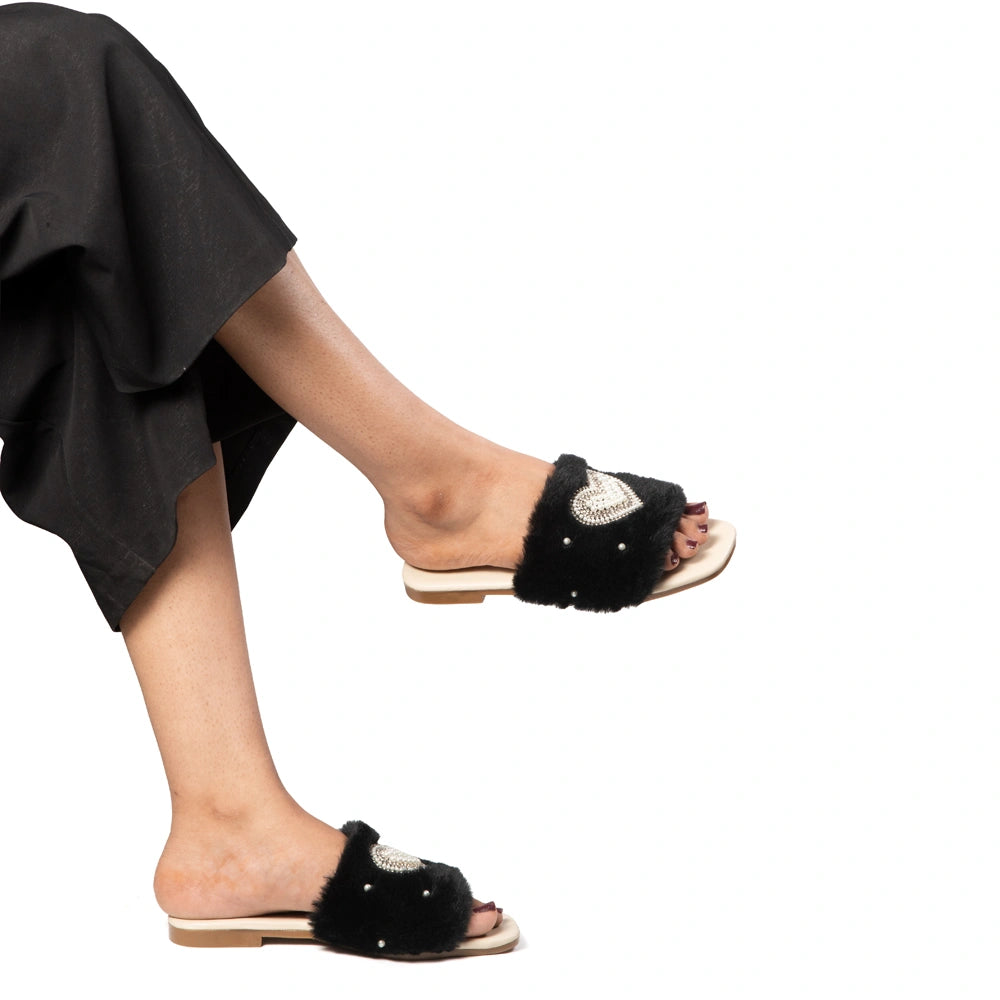 The Luxe Pearl Heart Black Fur Embellished Flats