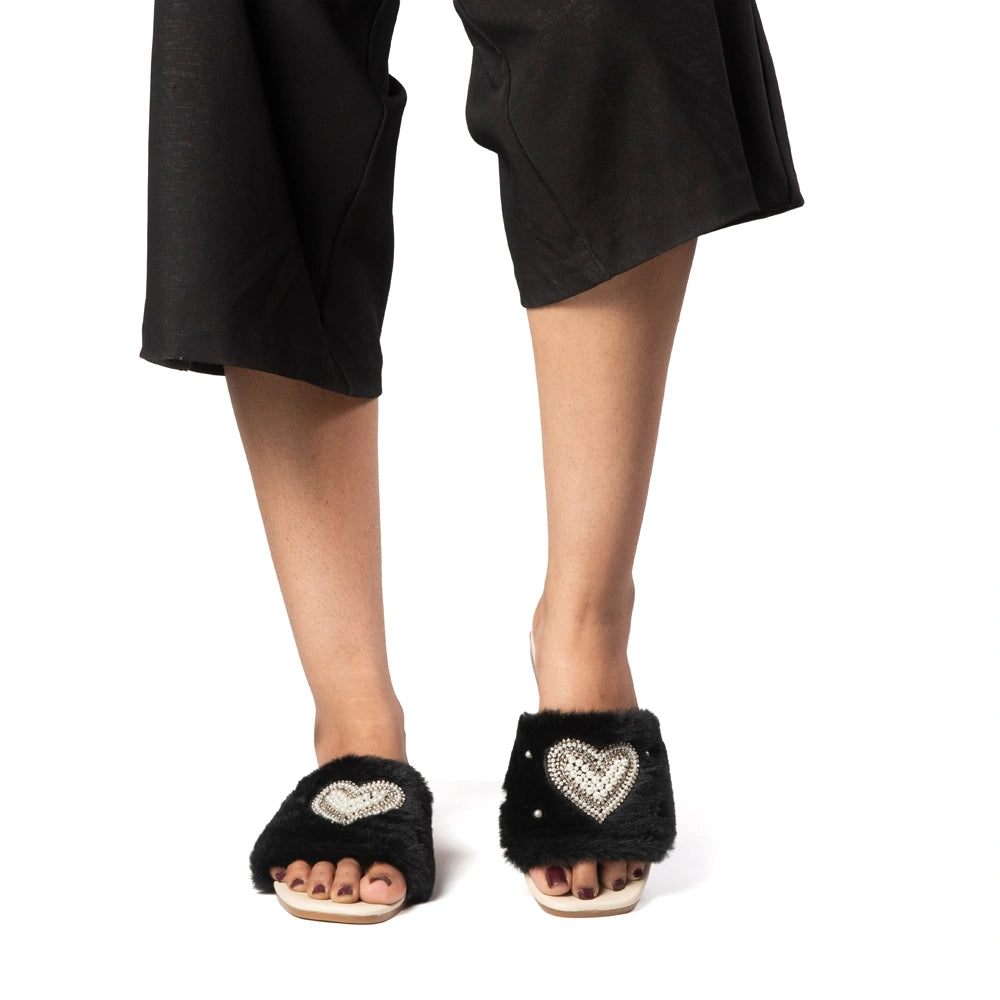 The Luxe Pearl Heart Black Fur Embellished Flats