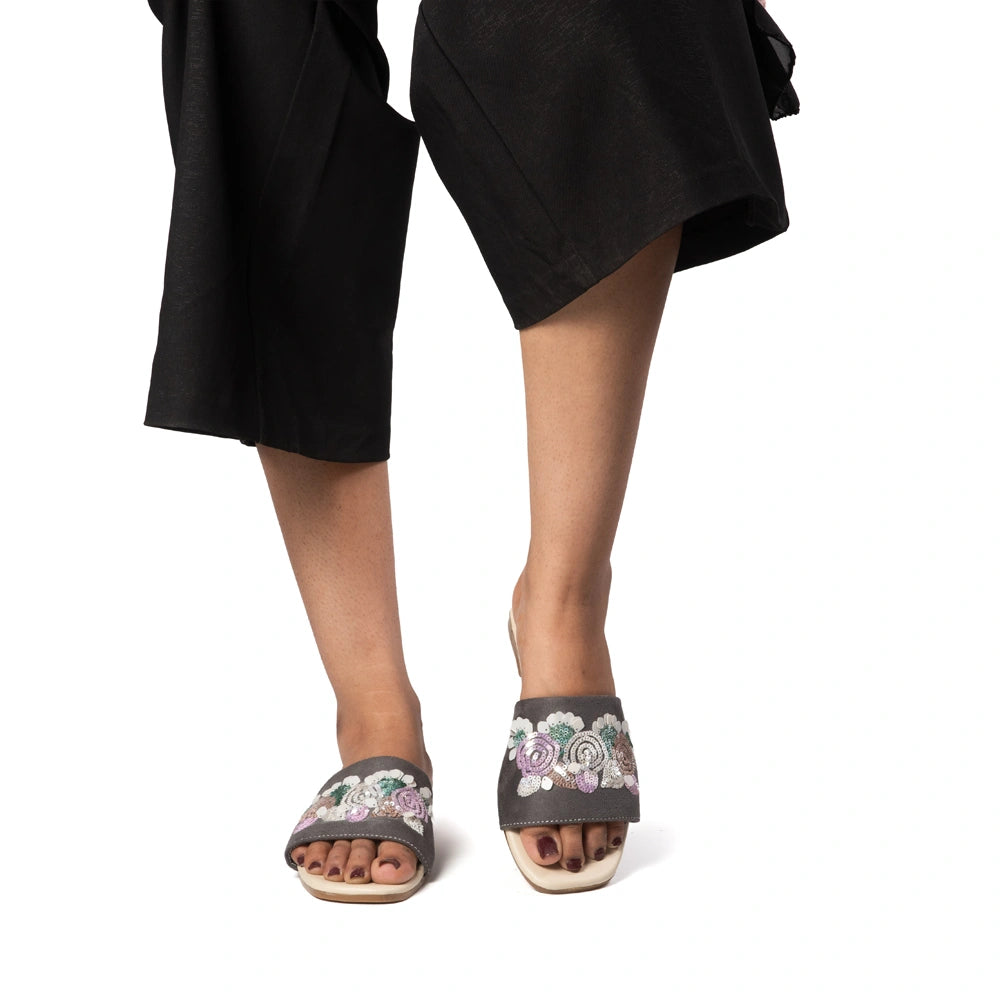 The Fleur Dusk Floral Grey Embellished Flats