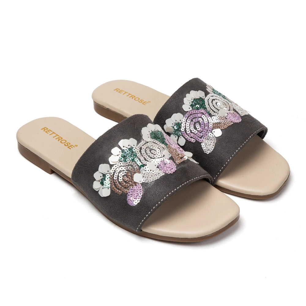 The Fleur Dusk Floral Grey Embellished Flats