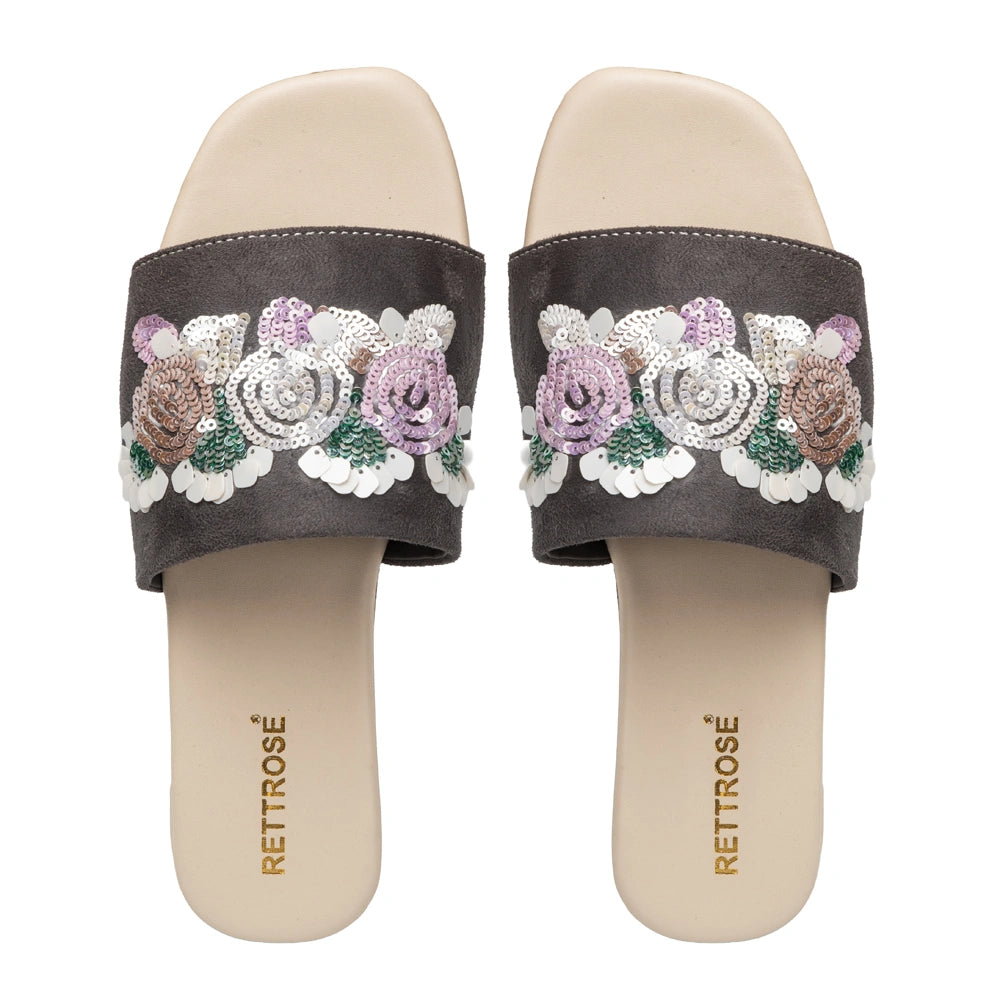 The Fleur Dusk Floral Grey Embellished Flats