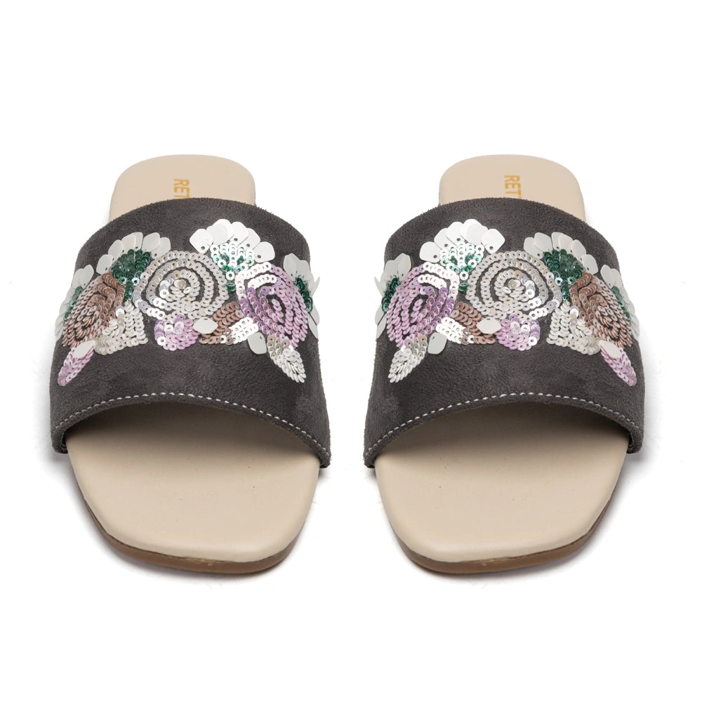 The Fleur Dusk Floral Grey Embellished Flats