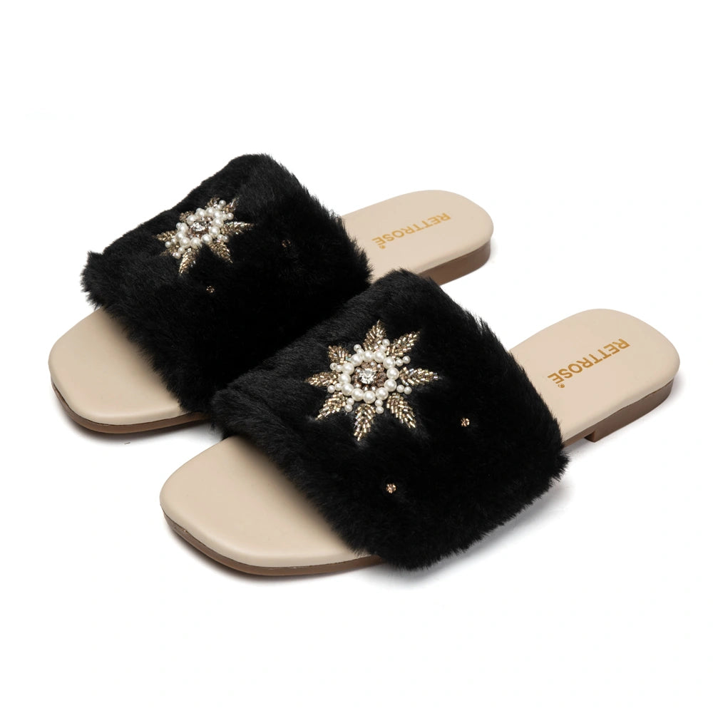 The Luxe Midnight Star Black Fur Embellished Flats