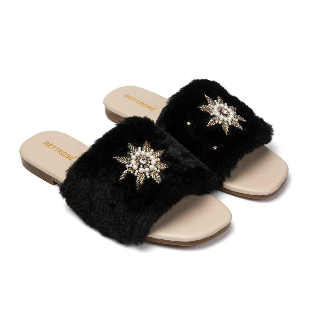The Luxe Midnight Star Black Fur Embellished Flats