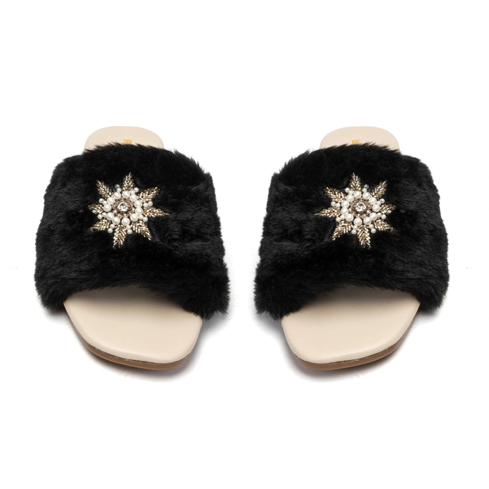 The Luxe Midnight Star Black Fur Embellished Flats