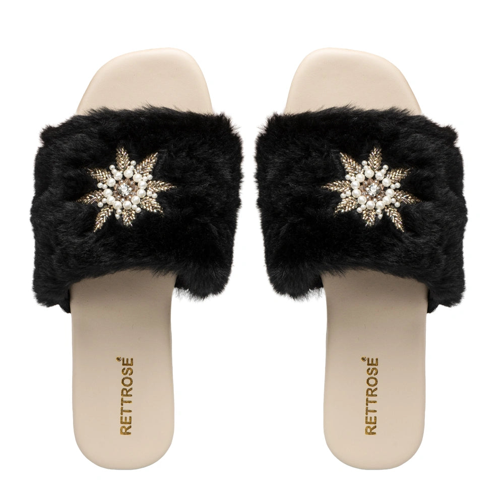 The Luxe Midnight Star Black Fur Embellished Flats