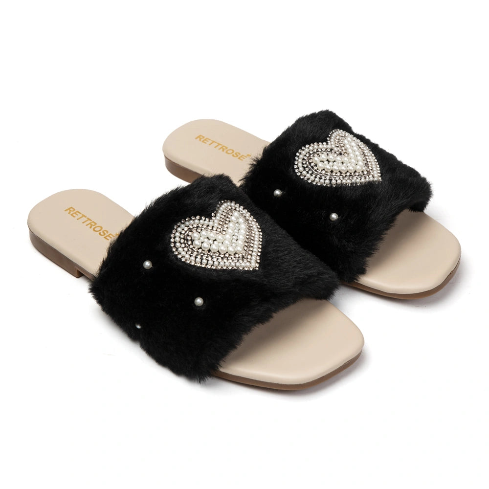 The Luxe Pearl Heart Black Fur Embellished Flats
