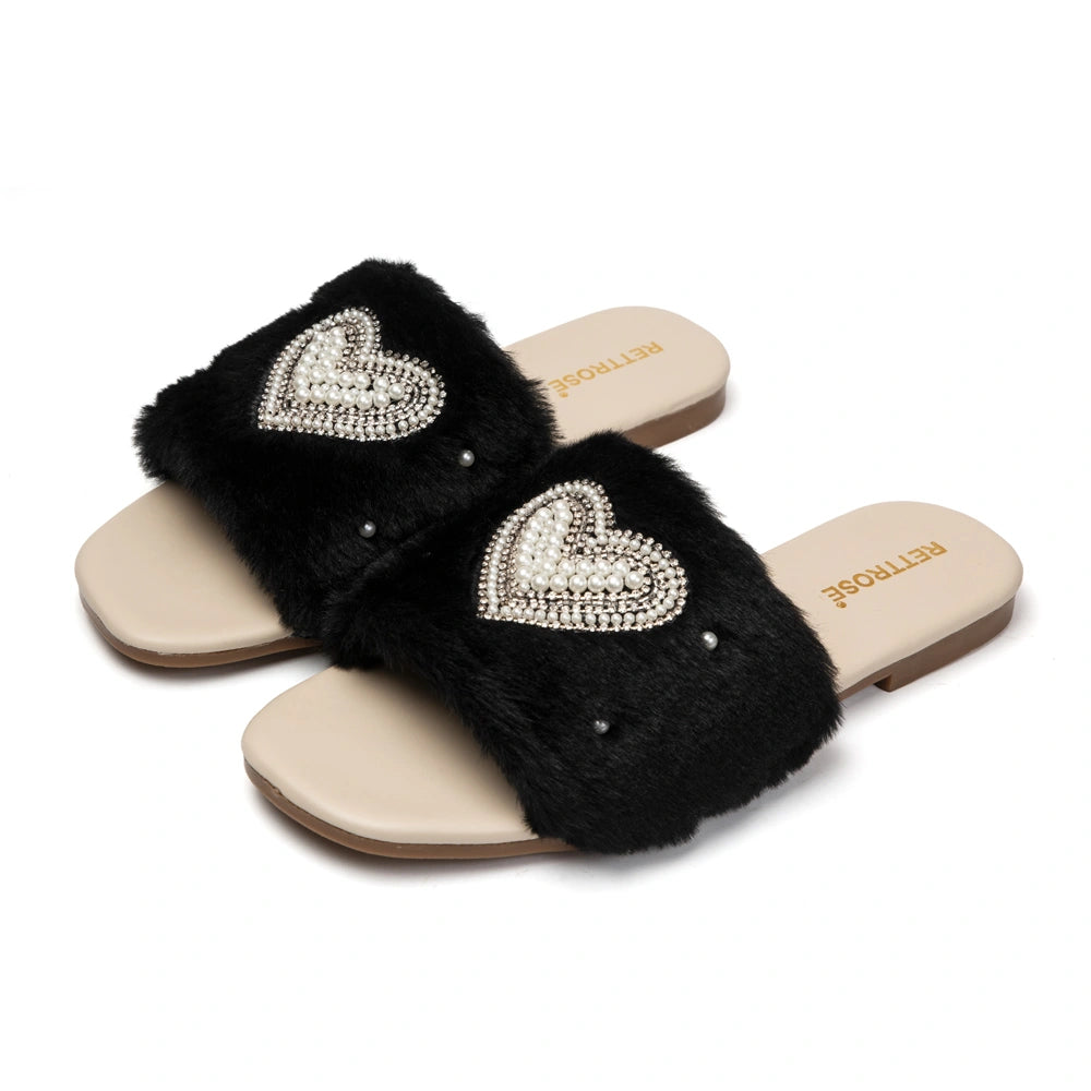 The Luxe Pearl Heart Black Fur Embellished Flats