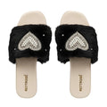 The Luxe Pearl Heart Black Fur Embellished Flats