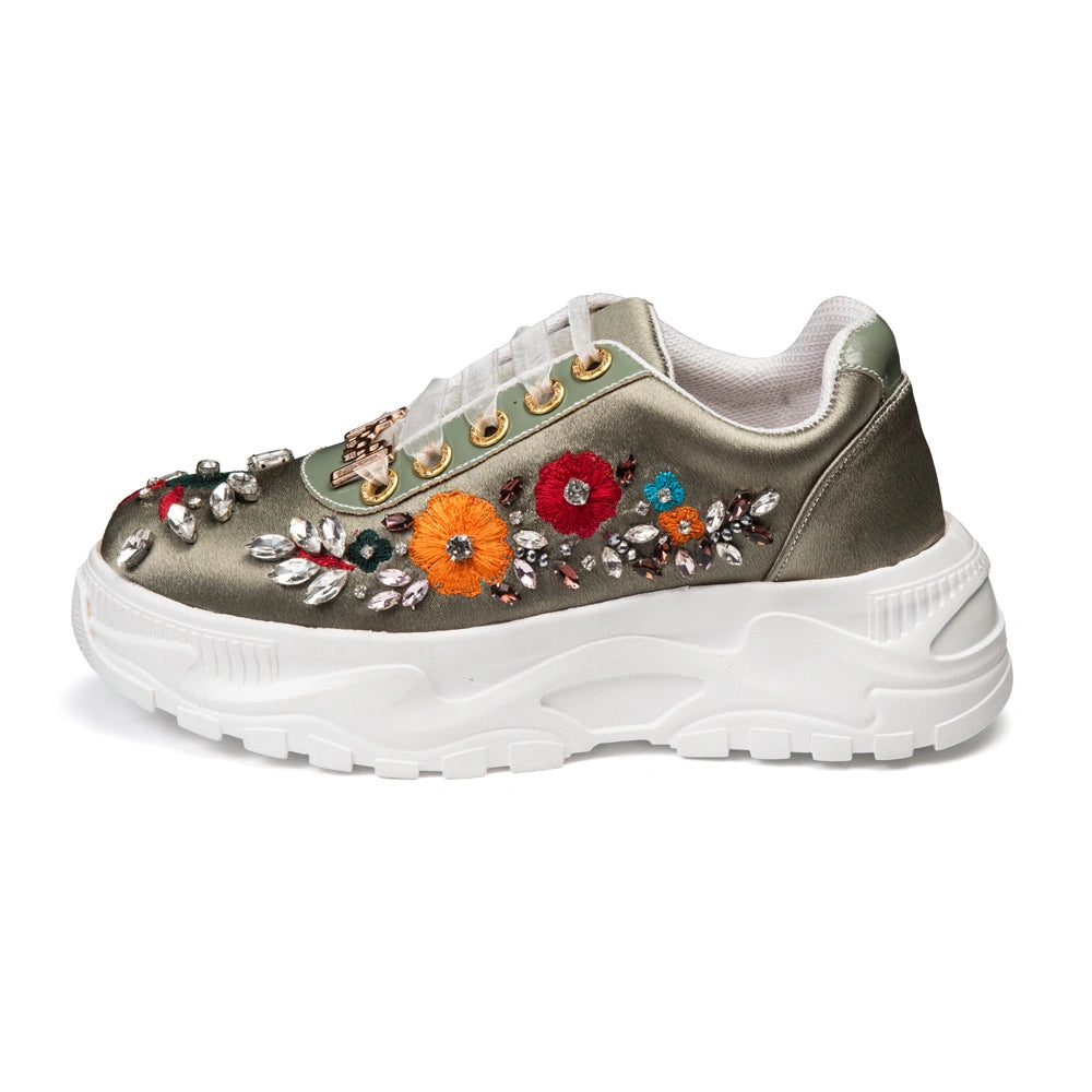 The Vivienne Luxury Silver Satin Embellished Trainer