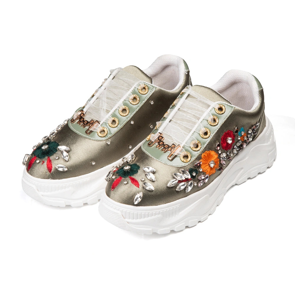 The Vivienne Luxury Silver Satin Embellished Trainer
