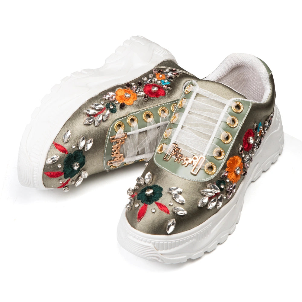 The Vivienne Luxury Silver Satin Embellished Trainer