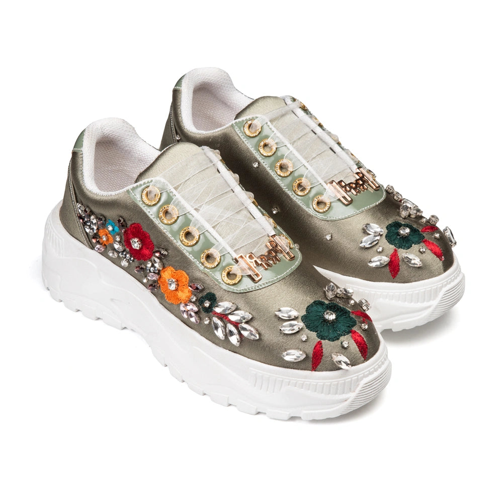 The Vivienne Luxury Silver Satin Embellished Trainer