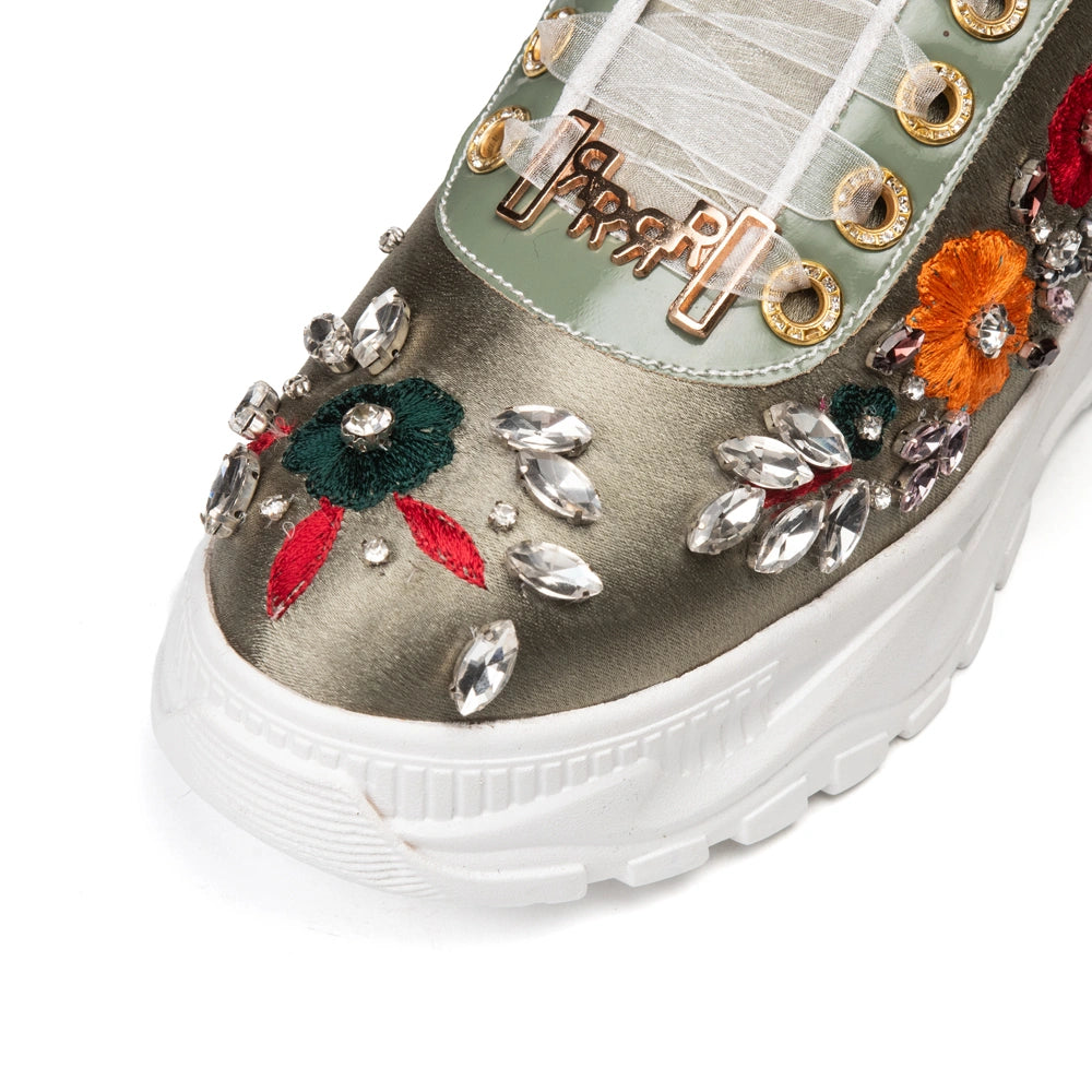 The Vivienne Luxury Silver Satin Embellished Trainer